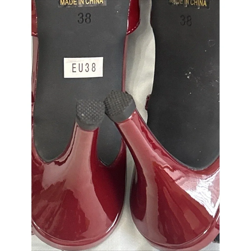 Cherry Red Patent Leather, Pointed Toe, V-Logo Slingback Pumps Sz 38